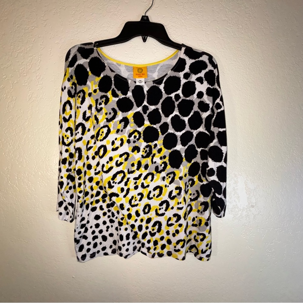 Ruby Rd Womens Yellow Black Grey Rayon Short Sleeve Shirt Petite Medium